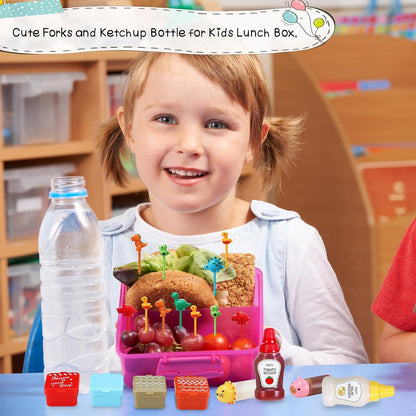 50 Pcs Kids Bento Box Accessories Including Food Picks Mini Condiment Bottles Ketchup Squeeze Bottles, Mini Soy Sauce Container with Funnel for Kids School Bento Camping Office Accessories (Animal)