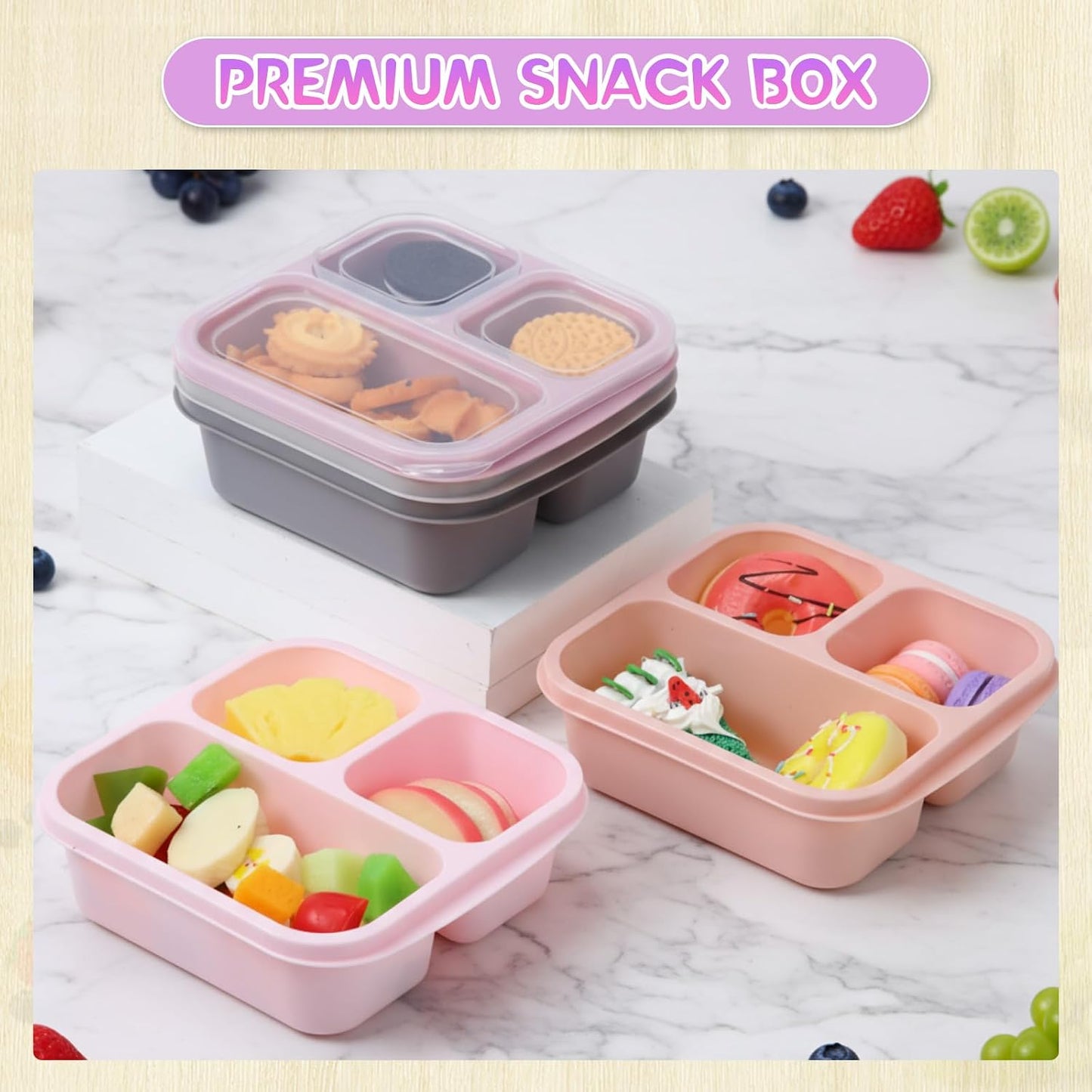 Honeydak 5 Pack Snack Containers 3 Compartment Bento Snack Boxes Divided Meal Prep Containers with Lids Reusable Adults Lunch Food Storage Box for School Work Travel(Elderberry)