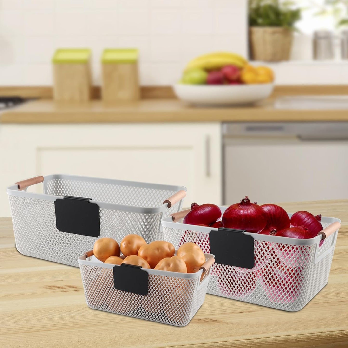 Onion and Potato Storage Baskets,A set of 2 Wooden Handle storage Basket Stackable Plastic Pantry Bins, Multifunctional Organizers for Kitchen, Countertop, and More Vegetable Storage Box (Black-2pack)