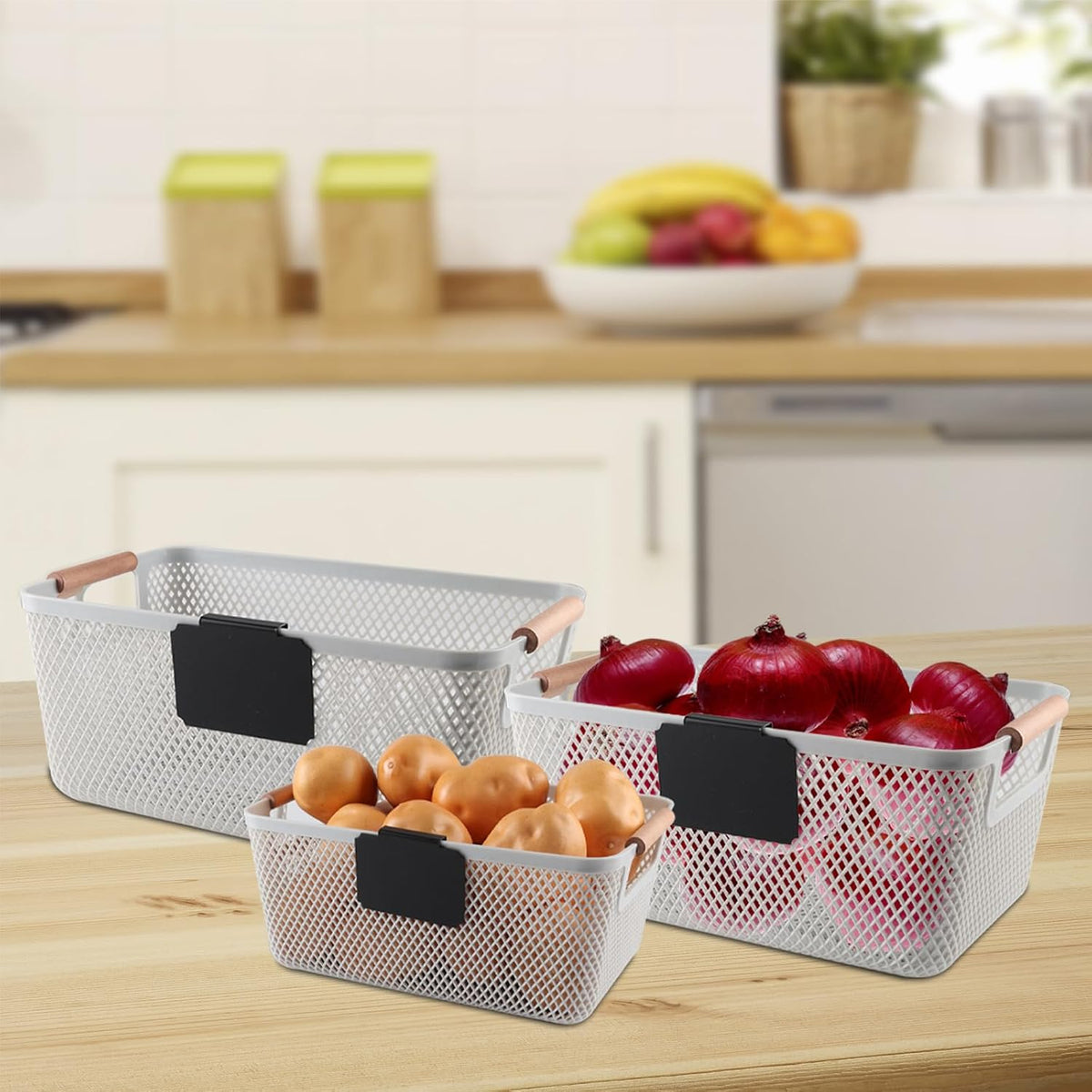 Onion and Potato Storage Baskets,A set of 2 Wooden Handle storage Basket Stackable Plastic Pantry Bins, Multifunctional Organizers for Kitchen, Countertop, and More Vegetable Storage Box (Black-2pack)