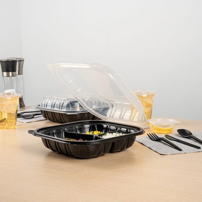 Thermo Tek 40 Ounce Clamshell Containers, 50 Disposable Take Out Boxes - 3 Compartments, Ventilated Lids, Black Plastic Meal Prep Containers, Microwavable, For Pasta Or Salads - Restaurantware