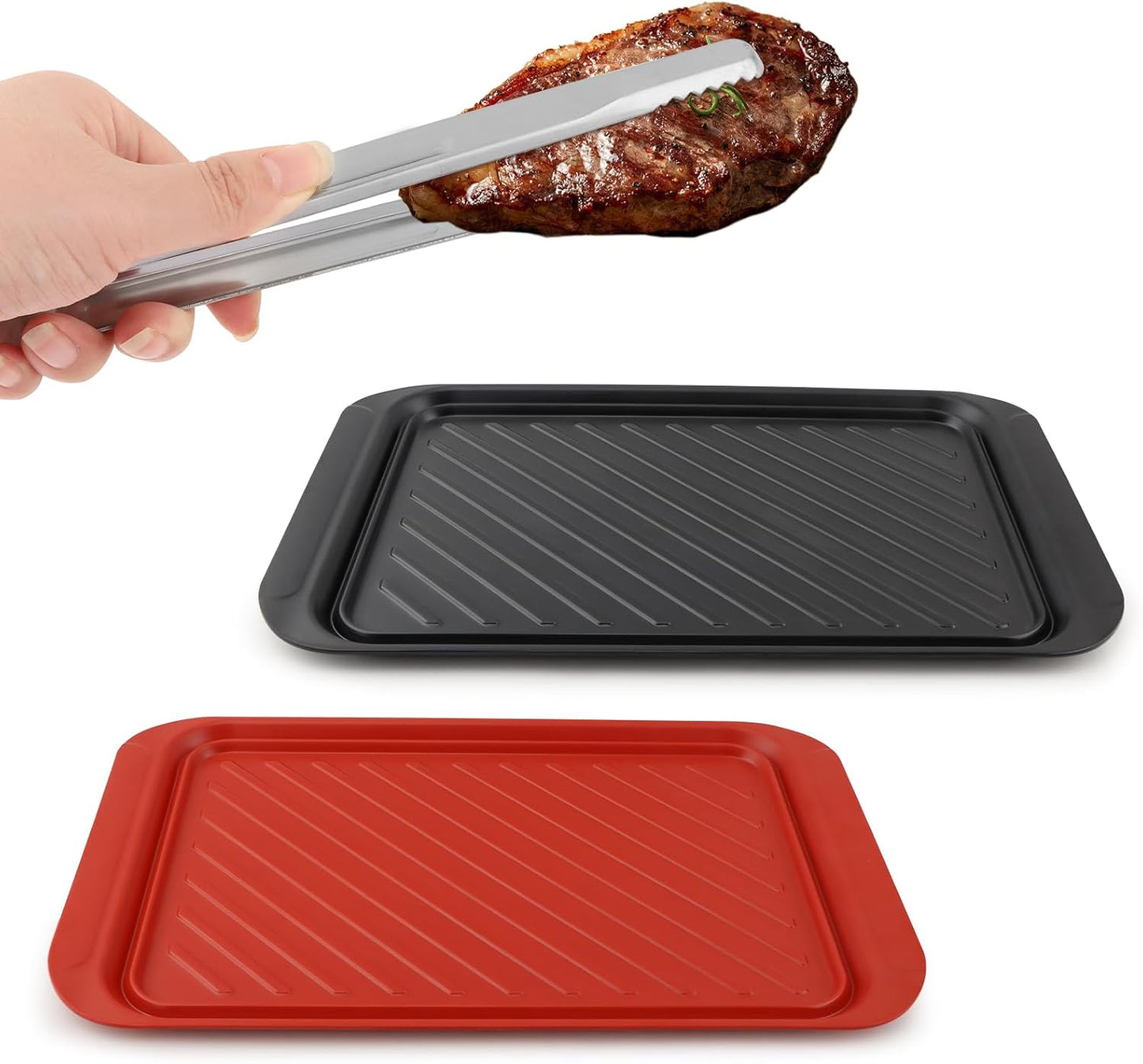 Grill Prep Trays Set of 2, 17.2 x 10.5 in Melamine BBQ Serving Trays with Tongs, Red and Black Nesting Trays for Prep and Serve, Dishwasher Safe
