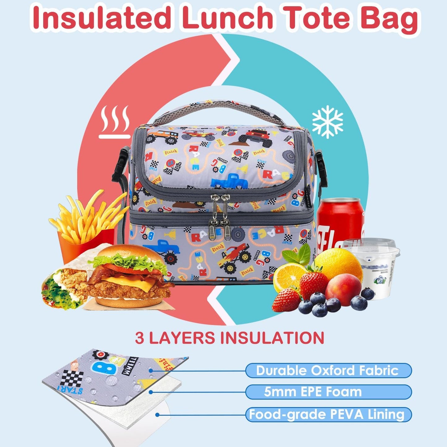 FlowFly Kids Double Decker Cooler Insulated Lunch Bag Large Tote for Boys, Girls, Men, Women, With Adjustable Strap, Unicorn