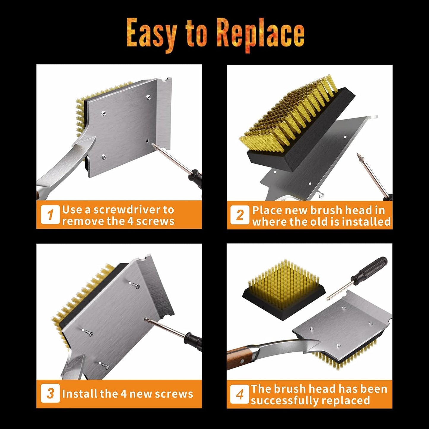 ENLOY Grill Brush and Scraper for Barbecue, 17" Grill Brush for Outdoor Grill, Extended Rosewood Handle and 2 Replaceable Copper Wire Brush Heads, Grill Cleaning Brush Grill Accessories for Most Grill
