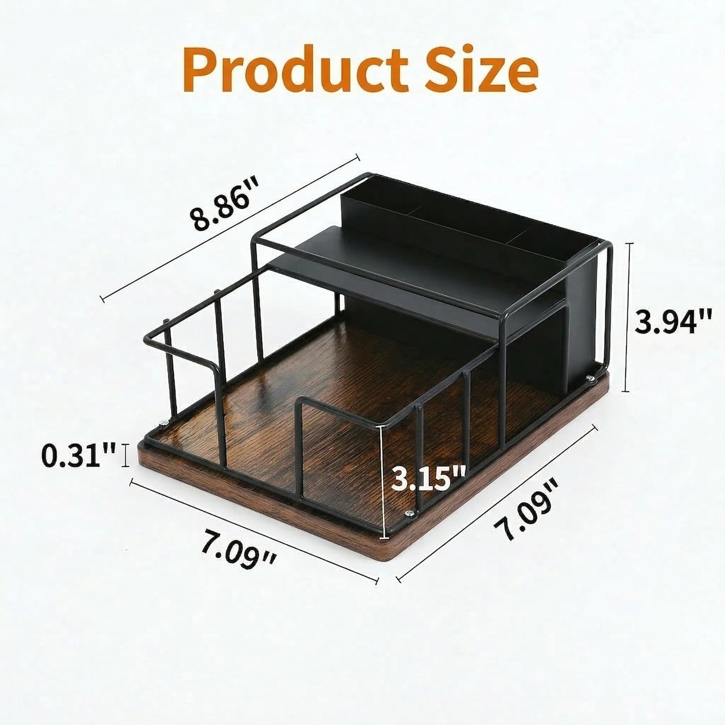 Napkin Holder for Table, 3-in-1 Wood & Metal Utensil Caddy, Cutlery Organizer & Spice Rack for Kitchen Counter, Dining, Outdoor Patio (Black)
