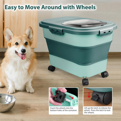 Viretec Dog Food Storage Container, 10-20Lbs Collapsible Pet Food Storage Containers with Rolling Wheel Airtight Locking Lid, Dry Food Storage Bin with Cup and Scoop,Suitable for Pet Food, Rice, Flour