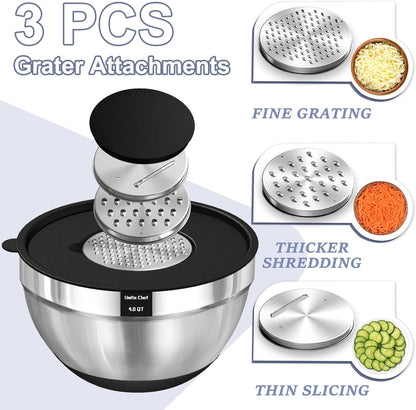 Umite Chef Mixing Bowls with Airtight Lids Set, 8PCS Stainless Steel Nesting Bowls with Grater Attachments, Non-Slip Bottoms, 5, 4, 3.5, 2, 1.5QT for Mixing & Serving