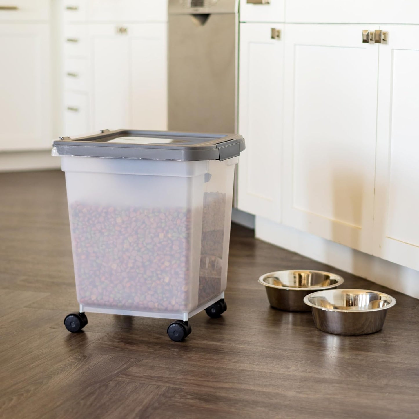 IRIS USA Airtight Dog Food Storage Container, WeatherPro, Up to 25 lbs, Removable Wheels, for Dog Cat Bird and Other Pet Food Storage Bin, Keep Fresh, Translucent Body, Made in USA, Clear/Black