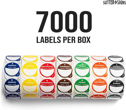 Date Stickers for Food - Day of the Week Day Dots Removable Food Labels, 1" Date Dot Stickers for Food Containers, 7000 Labels with Dispenser Box