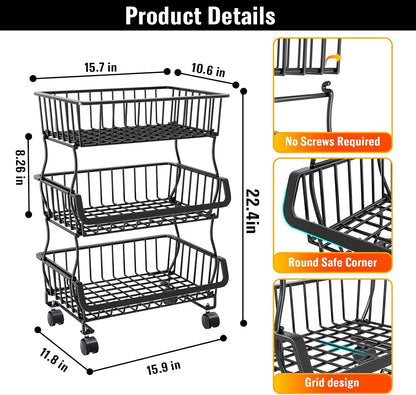 Gsiekare Fruit Vegetable Basket for Kitchen, 5 Tier Stackable Fruit Vegetable Storage Baskets with Wheels, Metal Wire Storage Basket Organizer Baskets for Kitchen, Pantry, Bathroom
