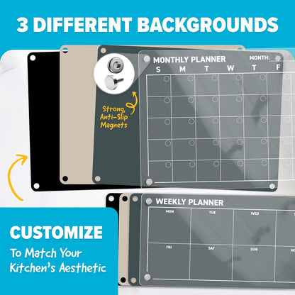 Acrylic Calendar for Fridge - Magnetic Calendar for Refrigerator - 2pc Family Refrigerator Magnetic Dry Erase Planning Board Monthly Weekly - 6 Liquid Chalk Markers & 3 Interchangeable Backgrounds