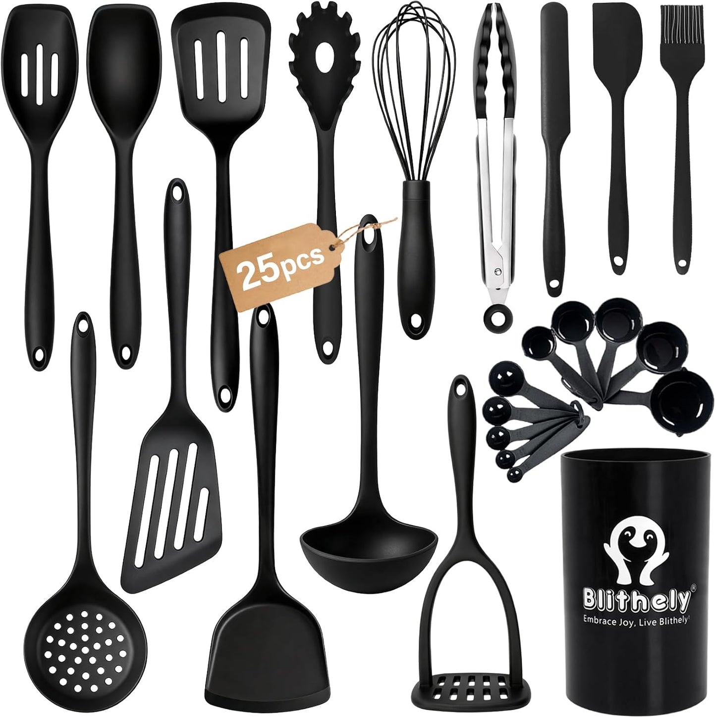 Thickened Silicone Kitchen Utensils Set with Holder, 25Pcs Cooking Utensil Set with Solid Handle, Heat Resistant Spatula Sets for Cooking, BPA Free Silicone Utensils Set for Non-Stick Cookware(Black)