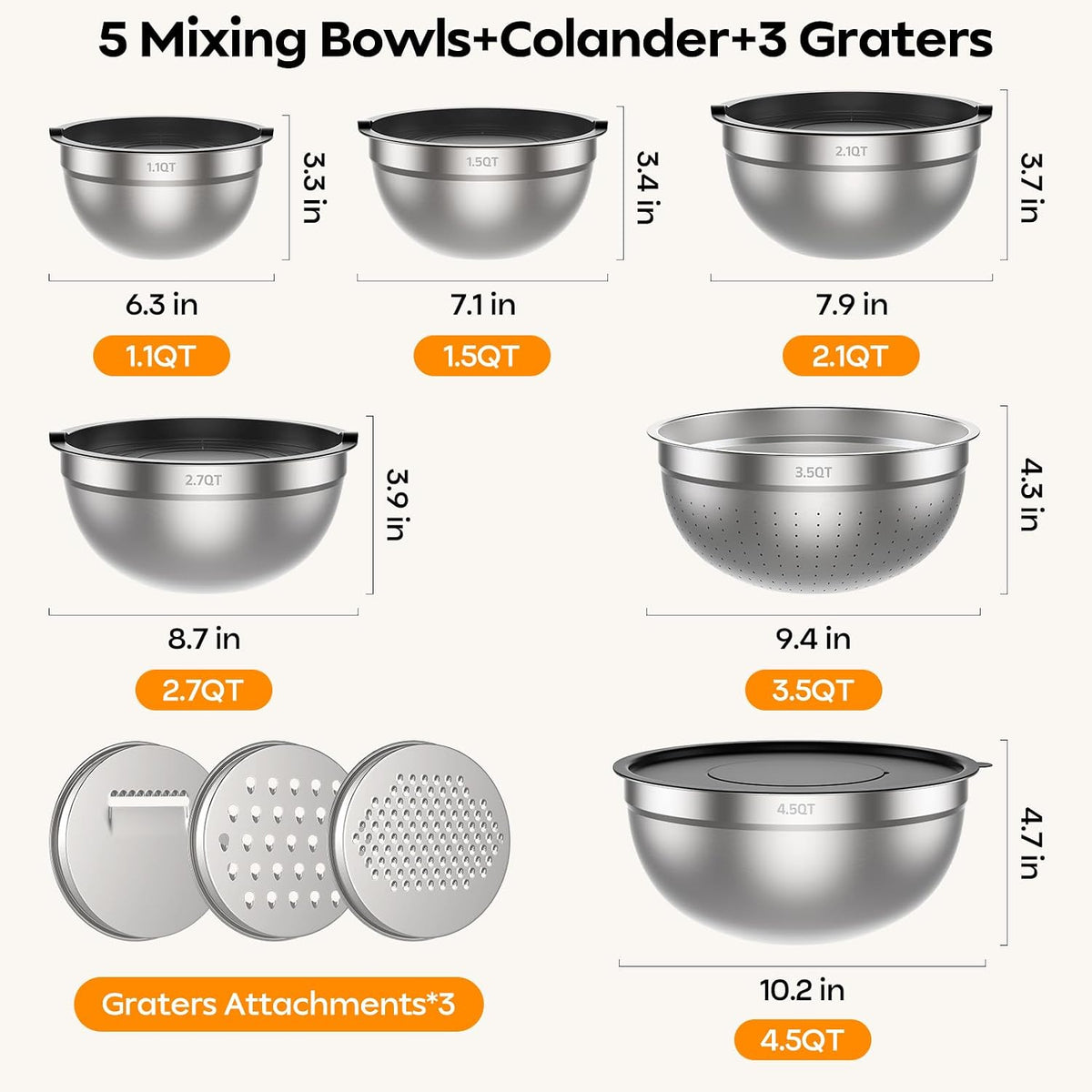 HOMETALL Stainless Steel Mixing Bowls with Lids Set & Colander(6PCS)