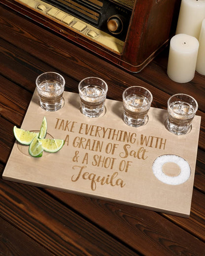 Tequila Gifts for Women and Men - Shot Board and Glass Holder Wooden Bar Tray with Salt Rim - for Liquor, Parties, Weddings, Housewarmings