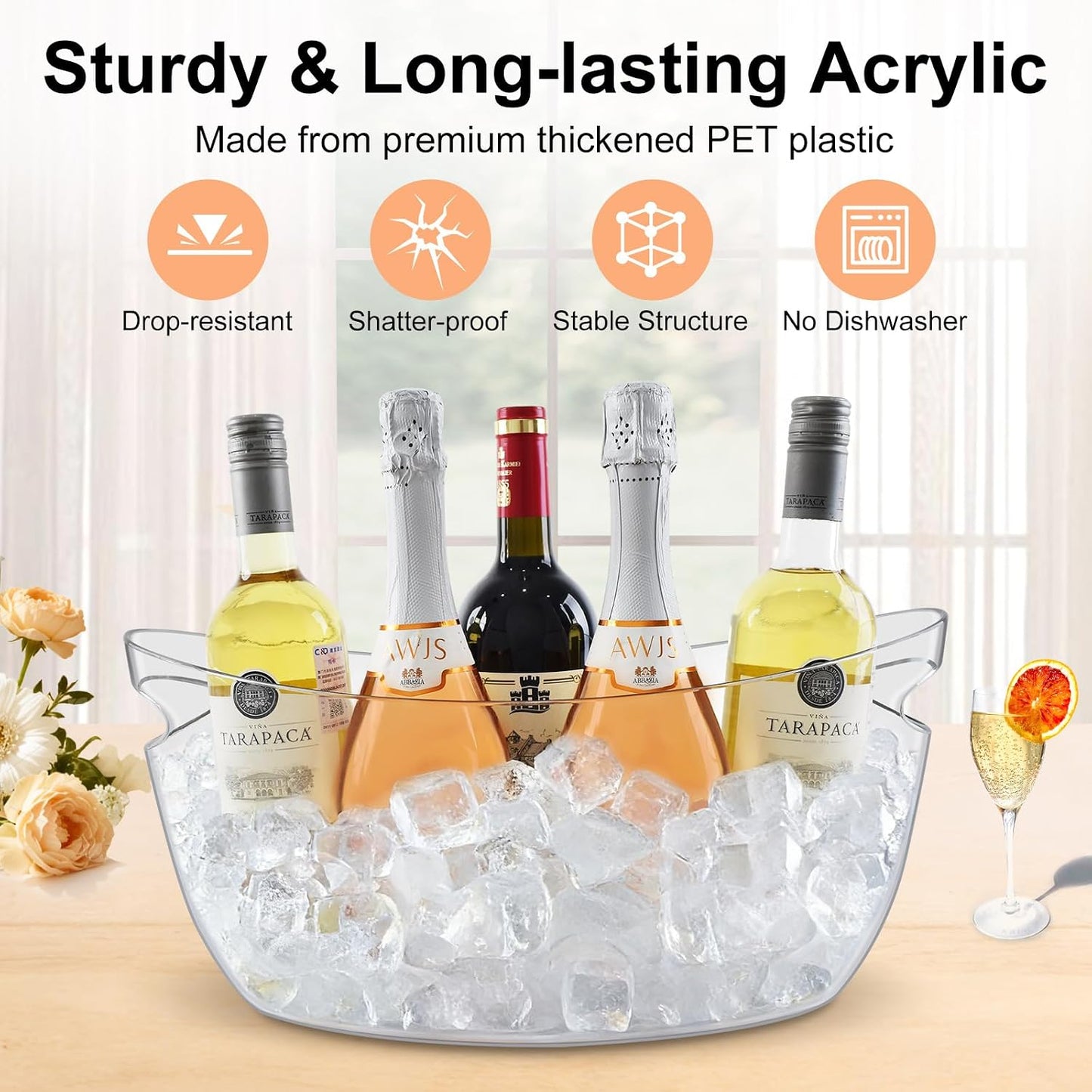 Ice Buckets for Parties 2 Packs,Portable Ice Bucket with Scoops, Thick Champagne Cooler,Drink Buckets for Cocktail Bar,Mimosa Bar Supplies,Beverage Tub Chiller for Wine,Beer (Clear, 5.5L)
