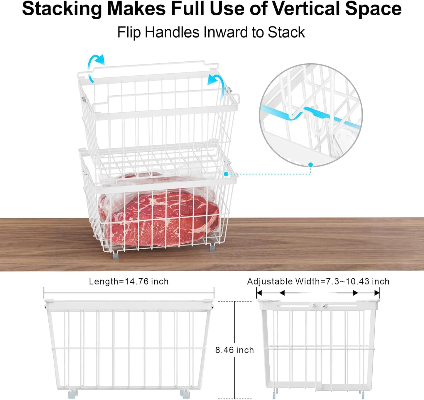 iSPECLE Chest Freezer Organizer - Adjustable Width & Extra Depth, 3 Pack | For 5-7 Cu Ft Chest Freezers, Stackable Large Freezer Organizer Bins, Easy Food Access & Organization, No Wasted Space, White