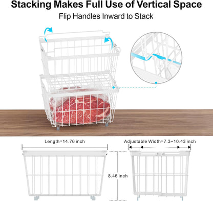 iSPECLE Chest Freezer Organizer - Adjustable Width & Extra Depth, 3 Pack | For 5-7 Cu Ft Chest Freezers, Stackable Large Freezer Organizer Bins, Easy Food Access & Organization, No Wasted Space, White