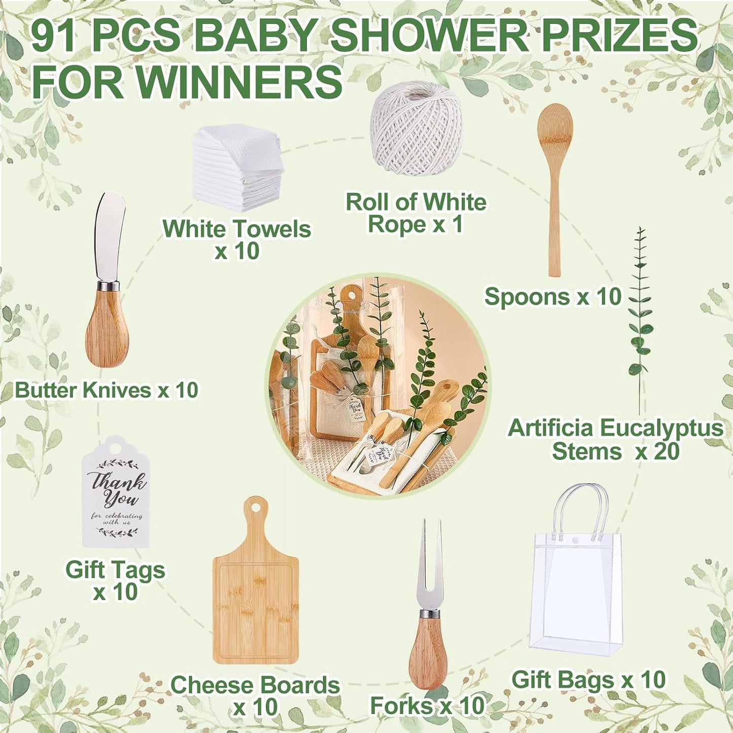 Baby Shower Prizes for Game Winners Bamboo Cheese Board Spoon Fork Butter Spreaders Plaid Towel Thank You Card and Gift Bags for Baby Shower Wedding Bridal Shower Favors (Acacia, 6 Sets)