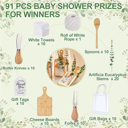 Baby Shower Prizes for Game Winners Bamboo Cheese Board Spoon Fork Butter Spreaders Plaid Towel Thank You Card and Gift Bags for Baby Shower Wedding Bridal Shower Favors (Acacia, 6 Sets)