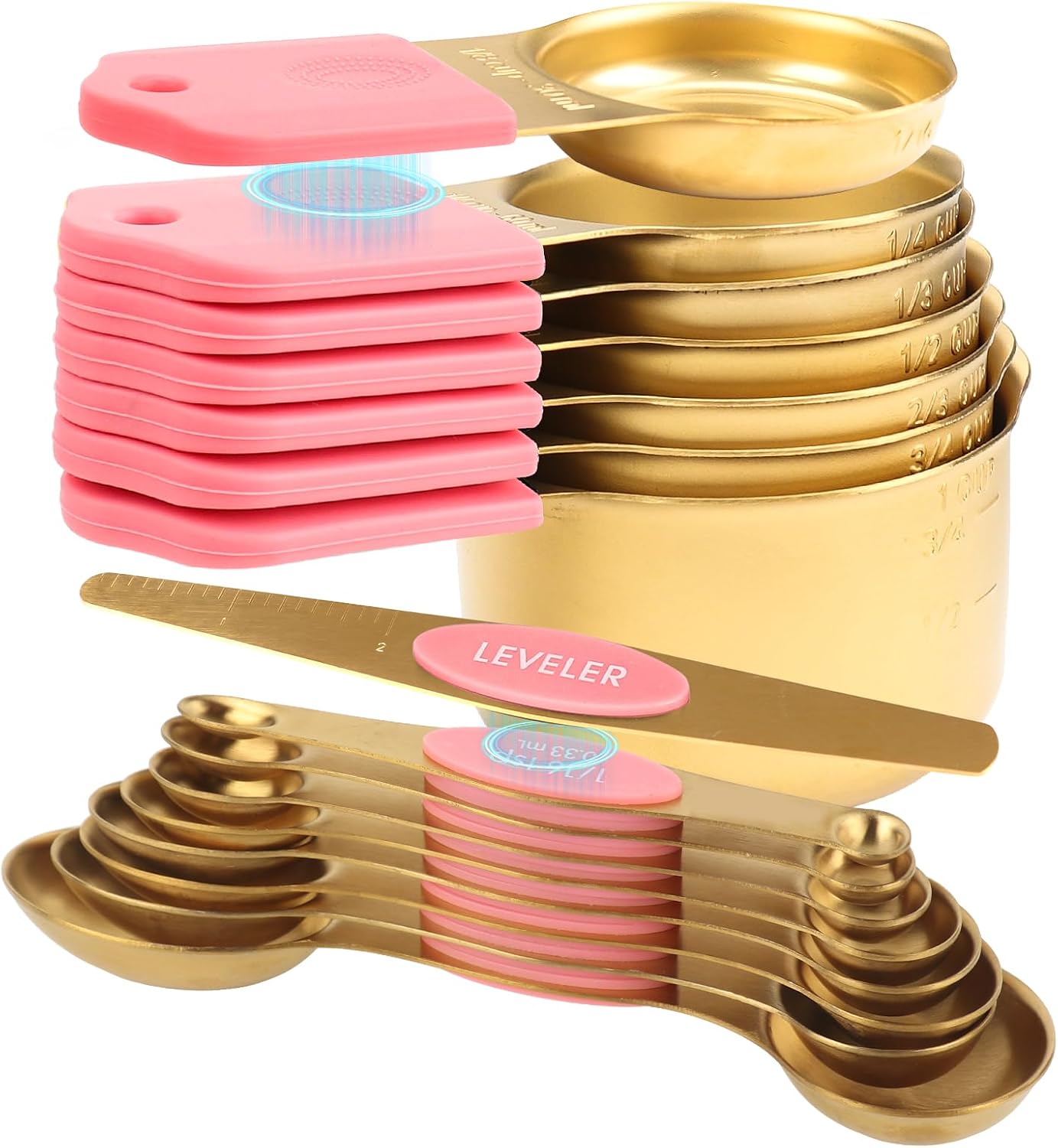 16-Piece Stainless Steel Measuring Cups and Spoons Set, Strong Magnetic Nesting Design 7 Cups 8 Spoons with Leveler, Double Measurement Markings for Dry & Liquid Ingredients, Gold