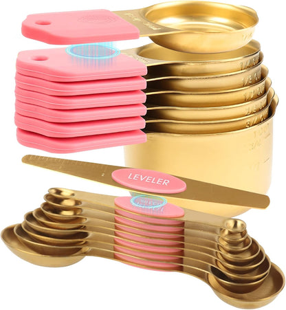 16-Piece Stainless Steel Measuring Cups and Spoons Set, Strong Magnetic Nesting Design 7 Cups 8 Spoons with Leveler, Double Measurement Markings for Dry & Liquid Ingredients, Gold