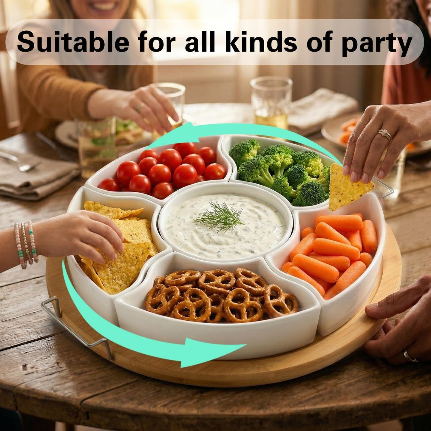 360° Rotating Chip and Dip Set, 12" Divided Serving Tray for Entertaining, Relish Tray for Party, Lazy Susan Taco Bar, Appetizer Serving Platter for Veggies, Candy, Fruit and Snacks