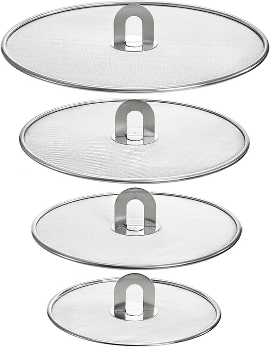 Nicunom 4 Pack Splatter Screen for Frying Pan, 13", 11.5", 10", 8" Stainless Steel Grease Splatter Guard with Fold Flat Knob, Kitchen Oil Splatter Guard Set for Safe Cooking