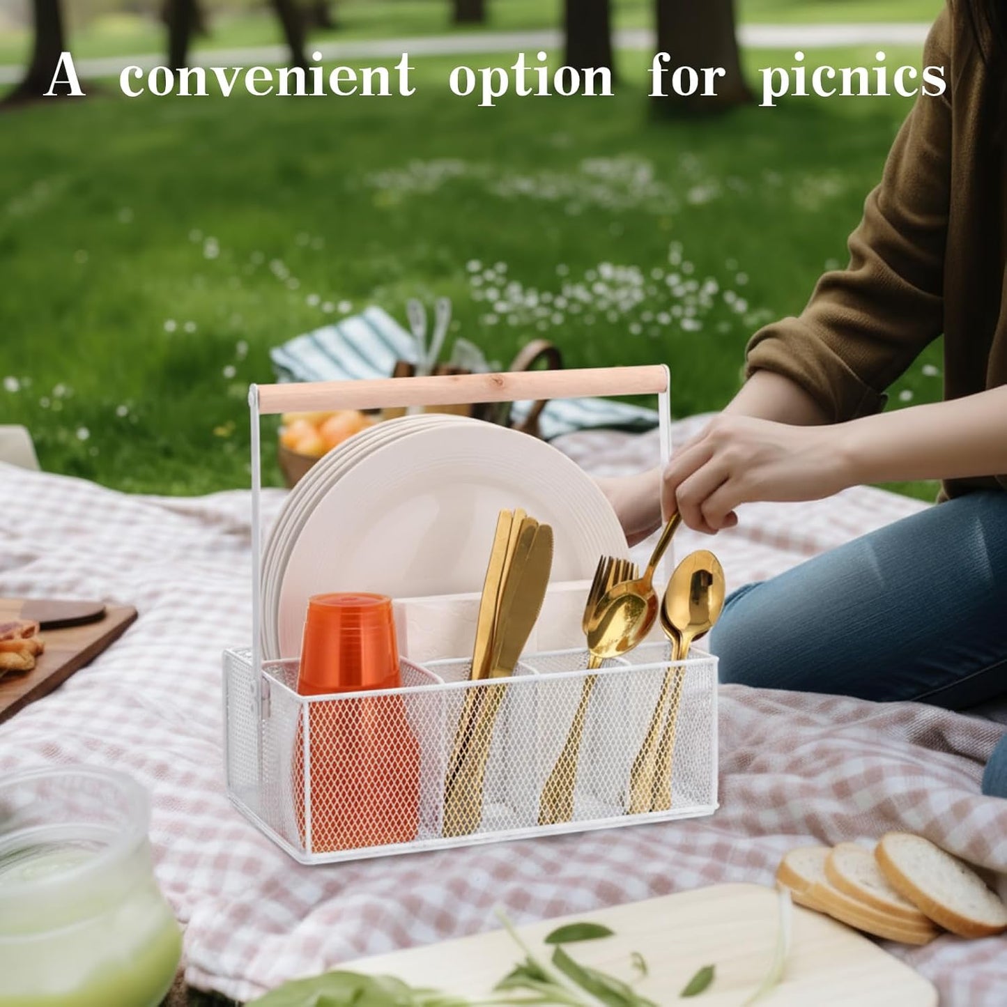 FoldTier Paper Plate Organizer with Handle for Countertop, Metal Utensil Silverware Caddy Cutlery Holder for Paper Plate Fork Spoon Cup Napkin Party Supplies Camping Picnic Accessories(White)