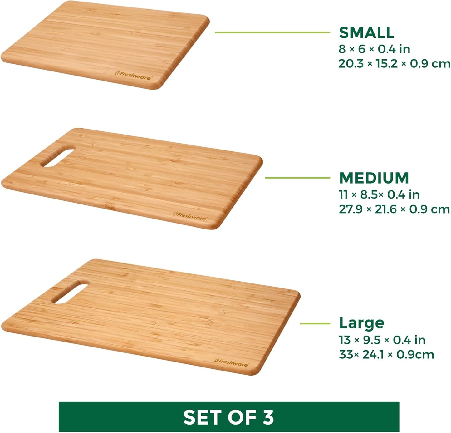 Freshware Wood Cutting Boards for Kitchen - Bamboo Cutting Board Set of 3, Cutting Boards with Juice Grooves, Serving Board Set, Chopping Board for Meat, Veggie, Easy Grip Handle (9x6", 12x8", 15x10")