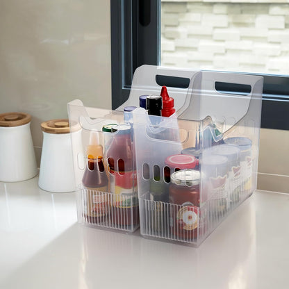 Peohud 3 Pack Freezer Organizer Bins with Wheels, Clear Plastic Pantry Storage Organizer with Handle, Tall Narrow Kitchen Organization Rolling Bins for Fridge, Cabinet, Bathroom, Under Sink, Office