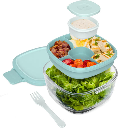 Bentgo Glass Salad Container - 7.6-Cup Salad Bowl with Airtight Lid, Leak-Proof Sauce Container, 4-Compartment Bento Tray & Reusable Fork - BPA-Free for Meal Prep, Office & More (Light Blue)