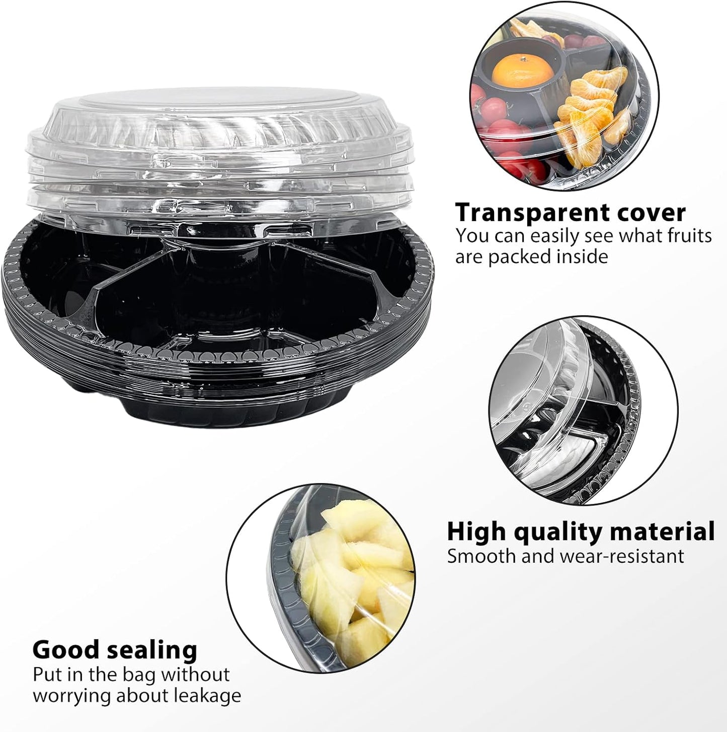 12Pcs Disposable Fruit Trays, Round Plastic Appetizer Serving Tray with Lid 5 Compartment Party Platters Divided Food Dip Containers for Snack Vegetable Salad Veggie Fruit Organizer-Black
