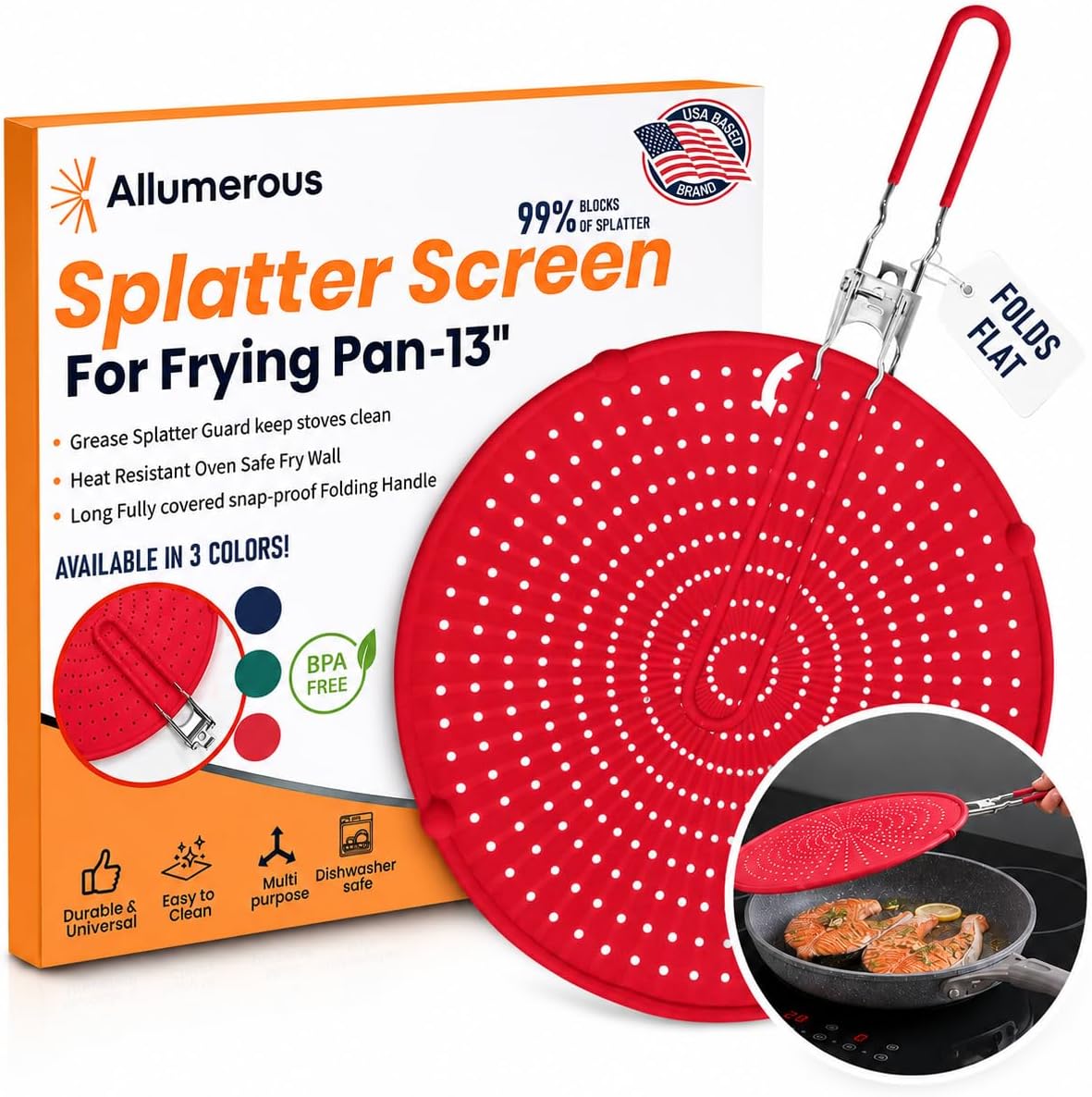 Silicone Splatter Screen for Frying Pan, 13” Navy – Grease & Oil Splatter Guard, Heat Resistant, Dishwasher Safe, Foldable Handle with Sleeves – Splash Guard Fits 10–12” Pans, Most 13” Skillets