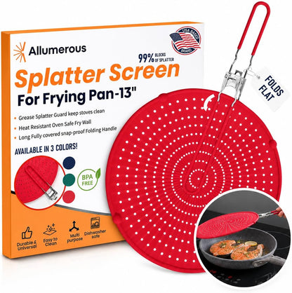 Silicone Splatter Screen for Frying Pan, 13” Navy – Grease & Oil Splatter Guard, Heat Resistant, Dishwasher Safe, Foldable Handle with Sleeves – Splash Guard Fits 10–12” Pans, Most 13” Skillets