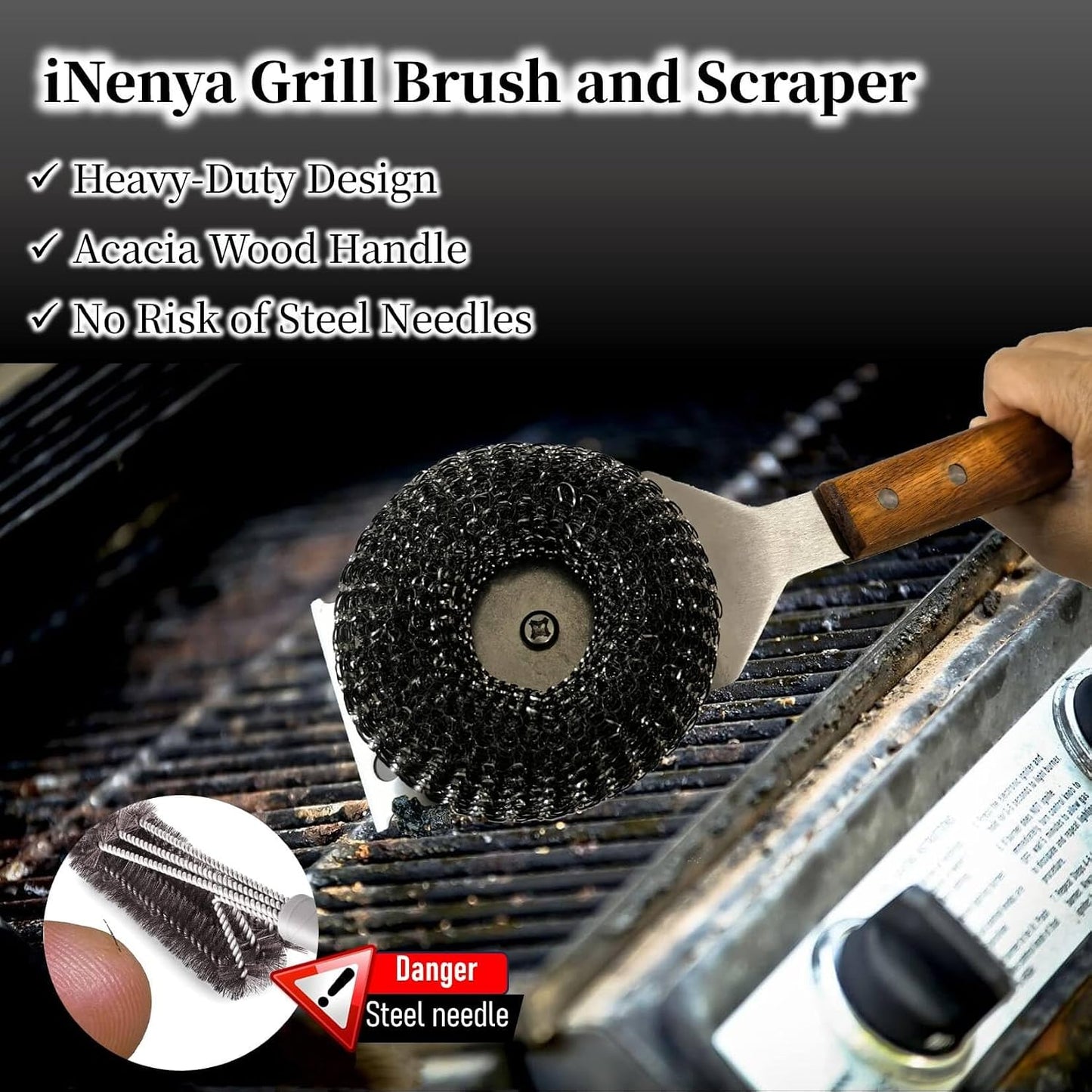 Grill Brush and Scraper for Barbecue – Safe Bristle Free Stainless Steel BBQ Cleaner with Heavy Duty Scrubber Pad, Grill Accessories Steel Wool Scrubbers for Porcelain Gas Charcoal Grill