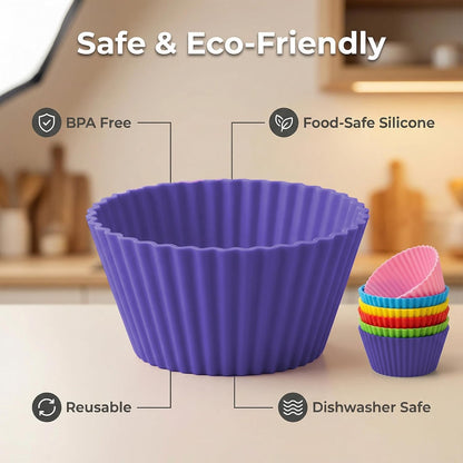 Reusable Silicone Cupcake Liners BPA Free Silicone Muffin Cups for Baking, Oven Microwave Air Fryer Safe, 2.75 x 1.7 x 1.2 Inches, Dishwasher Safe Baking Cups, 8 Rainbow Colors, 48 Pack