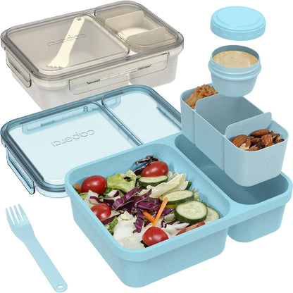 Caperci 2 Pack Salad Container for Lunch - 62 oz Large Bento Lunch Box for Adults, 2-Compartment Meal Prep Container with Removable Toppings Tray, Sauce Cup, Reusable Fork, BPA-Free (Purple & Green)