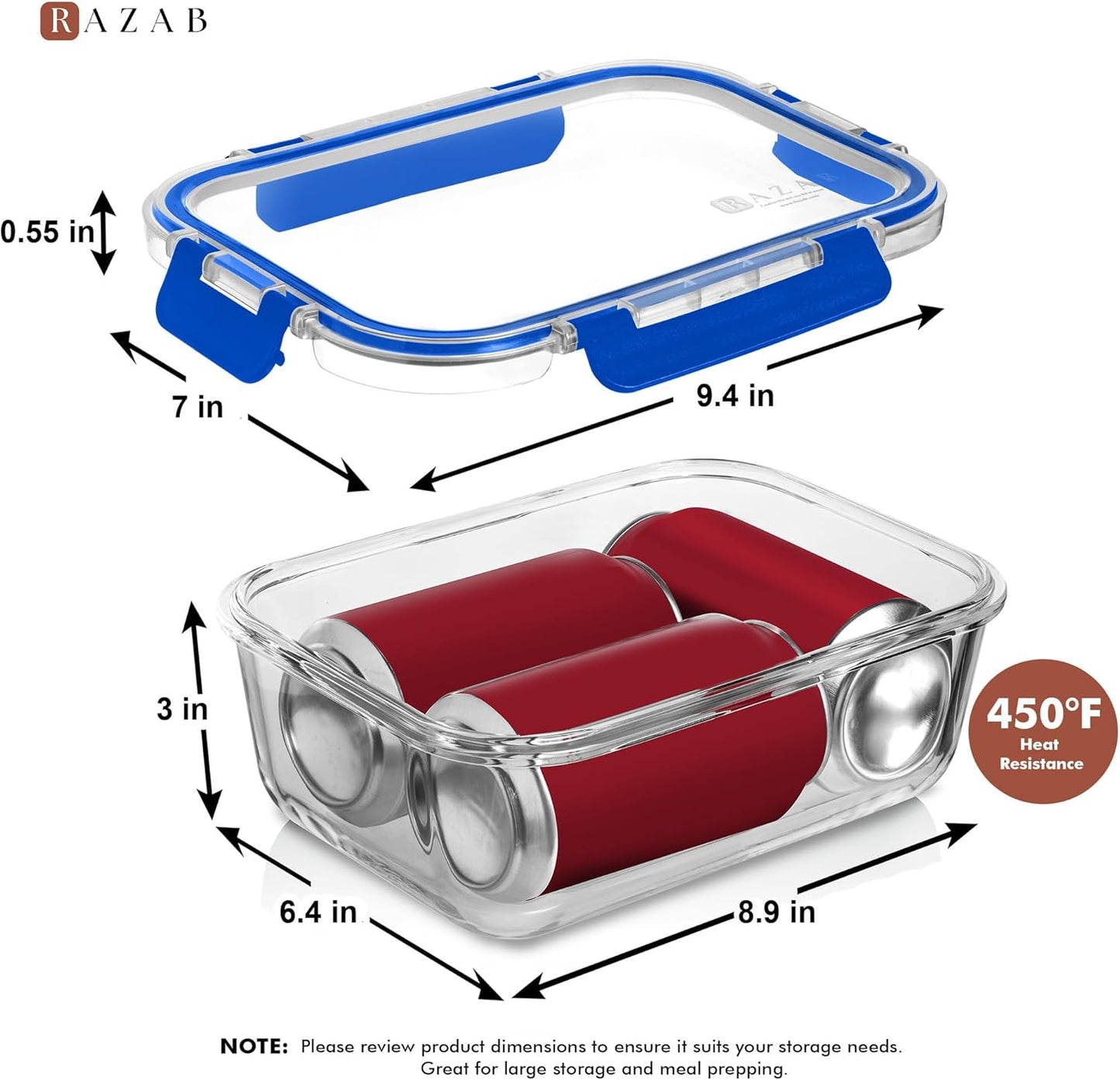 Razab 4 Pcs 1860ml / 63 Oz Large Glass Food Storage Containers with Lids - Glass Meal Prep Containers with Locking Lids for Roasting, Storing Leftover, Lunch Container, BPA Free, Microwave & Oven Safe