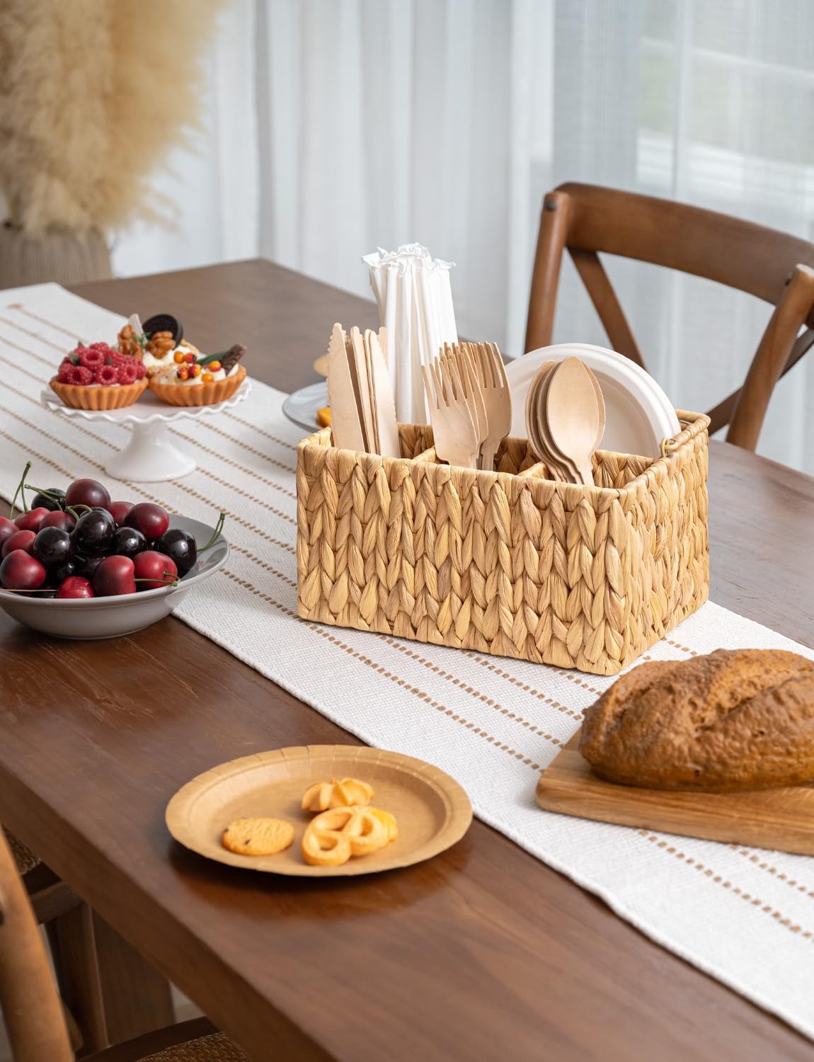 StorageWorks Wicker Silverware Organizer with Handle, Seagrass Kitchen Utensil Holder, Large Utensil Holder for Kitchen Counter, Spoon Forks Knife Cutlery Caddy, Paper Plate Dispenser for Countertop