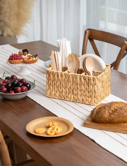 StorageWorks Wicker Silverware Organizer with Handle, Seagrass Kitchen Utensil Holder, Large Utensil Holder for Kitchen Counter, Spoon Forks Knife Cutlery Caddy, Paper Plate Dispenser for Countertop
