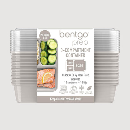 Bentgo Prep - 20-Piece 3-Compartment Reusable Meal Prep Containers with Lids, PFAS & BPA Free Materials, Durable, Microwave, Freezer, & Dishwasher Safe To Go Food Storage (Stone Gray)