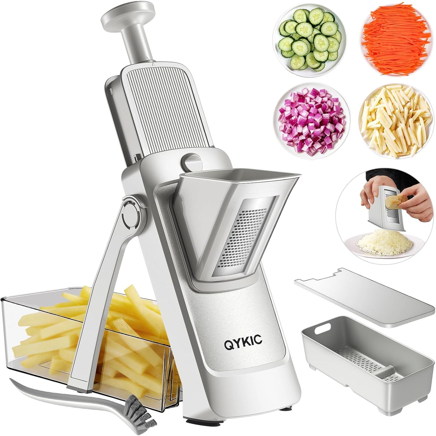 8 in 1 Mandoline Slicer for Kitchen, Vegetable Chopper, Potato Slicer, Fry Cutter Onion Chopper with Drain Basket Food Container with Lid, Stainless Steel Cheese Grater for Quick Meal Pre (Black)