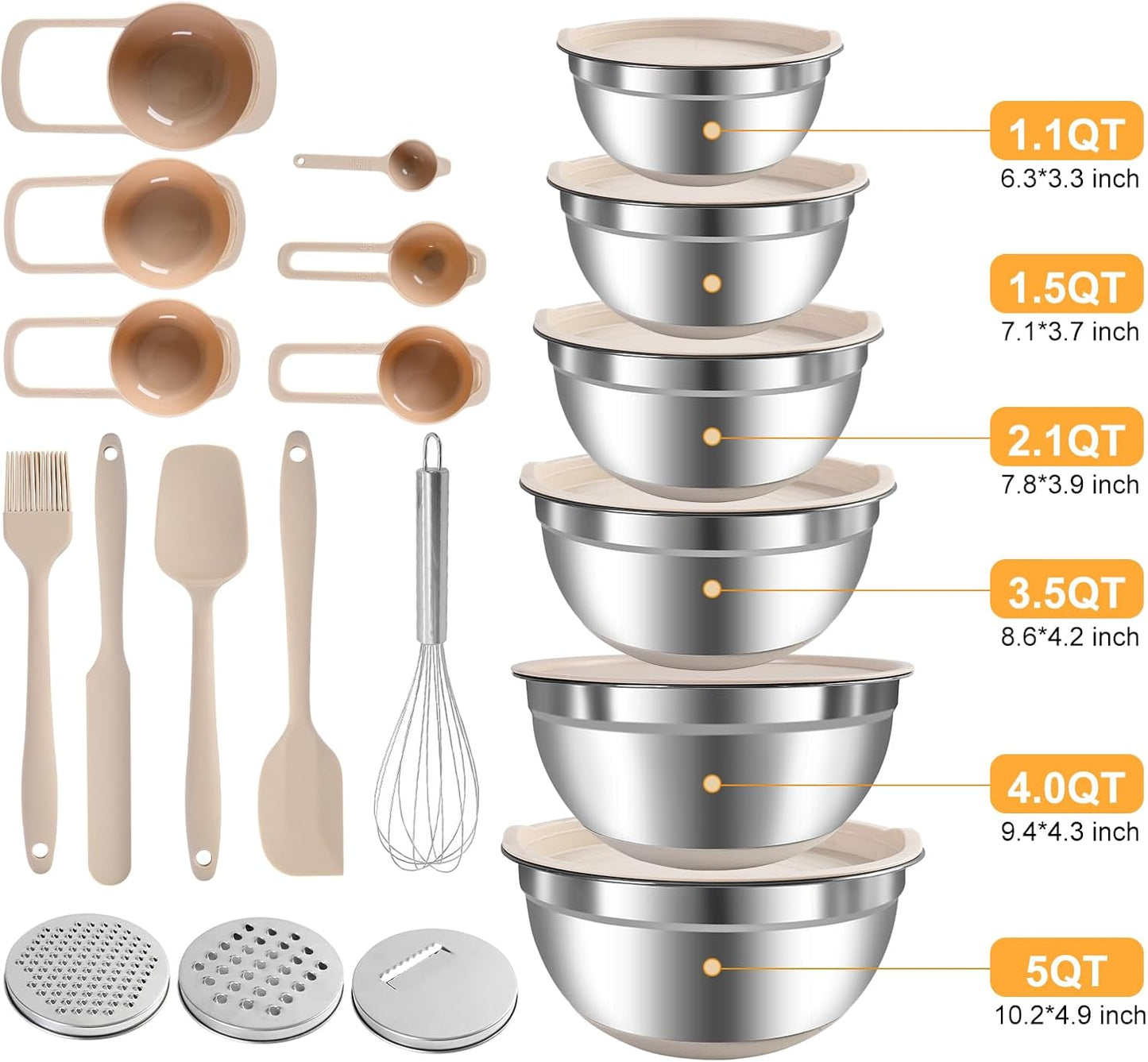 20-Piece Mixing Bowls Set with Airtight Lids – 6 Stainless Steel Kitchen Bowls (4.5QT, 4QT, 3.5QT, 2.1QT, 1.5QT, 1.1QT), 3 Grater Attachments, Non-Slip Silicone Bottoms, Perfect for Baking & Serving