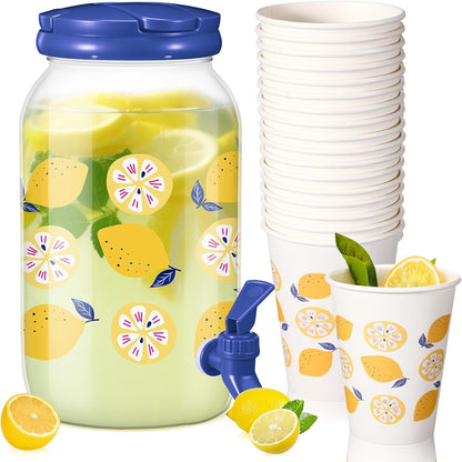 Umigy Tree Clear Plastic Drink Dispenser with 20 Pcs 12 oz Tropical Paper Cups 1 Gallon Kitchen Fridge Beverage Dispenser Plastic Water Dispenser with Spigot for Juice Tea Beer(Orange)