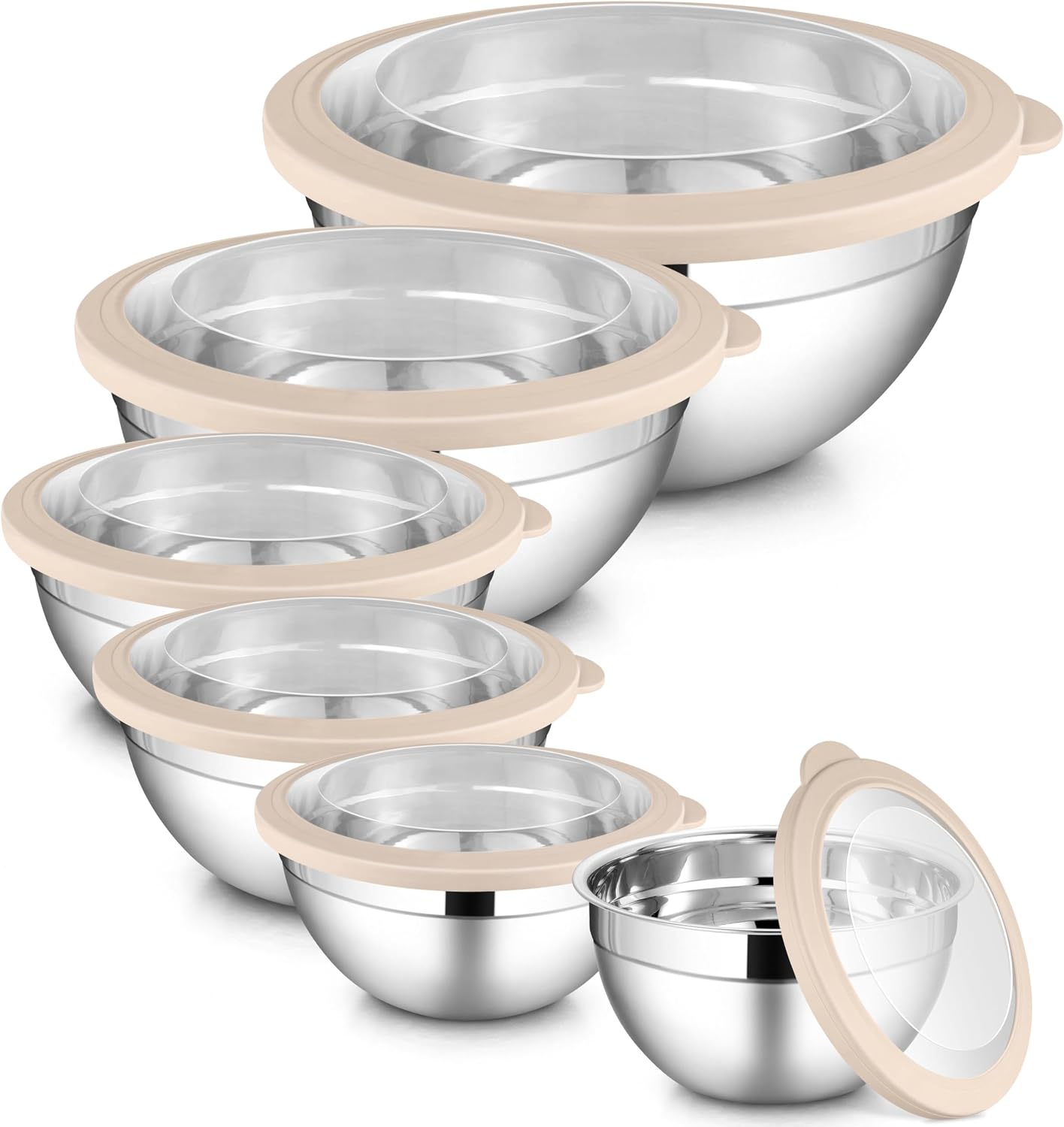 LIANYU Stainless Steel Mixing Bowls Sets of 6, Large 7, 3.5, 2.5, 2, 1.5, 1QT Size with Transparent Airtight Lids, Metal Nesting Serving Bowl Sets for Home Kitchen, Dishwasher & Freezer Safe, Black