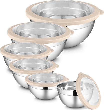 LIANYU Stainless Steel Mixing Bowls Sets of 6, Large 7, 3.5, 2.5, 2, 1.5, 1QT Size with Transparent Airtight Lids, Metal Nesting Serving Bowl Sets for Home Kitchen, Dishwasher & Freezer Safe, Black