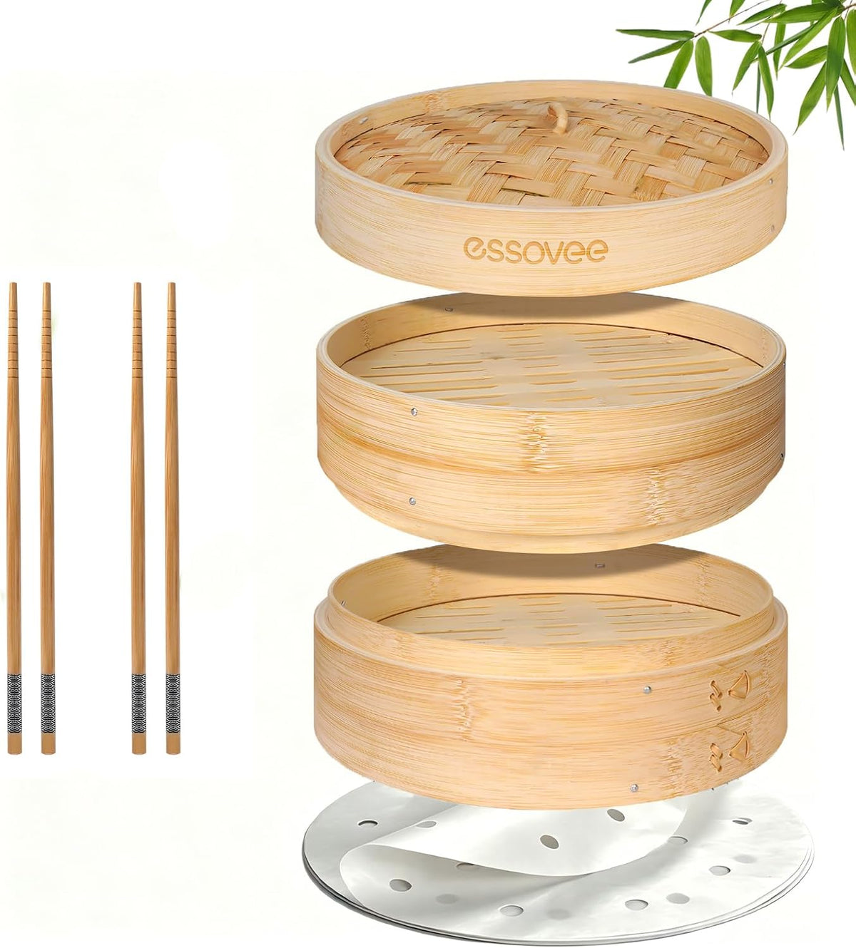 Bamboo Steamer 2 Tier 10-Inch Steaming Basket, Bun Vegetable Steam, Dumpling Steamer Bamboo Steam Basket, Chopsticks, Reusable Silicone Liner, Ring Adapter, for Chinese Asian Cuisine