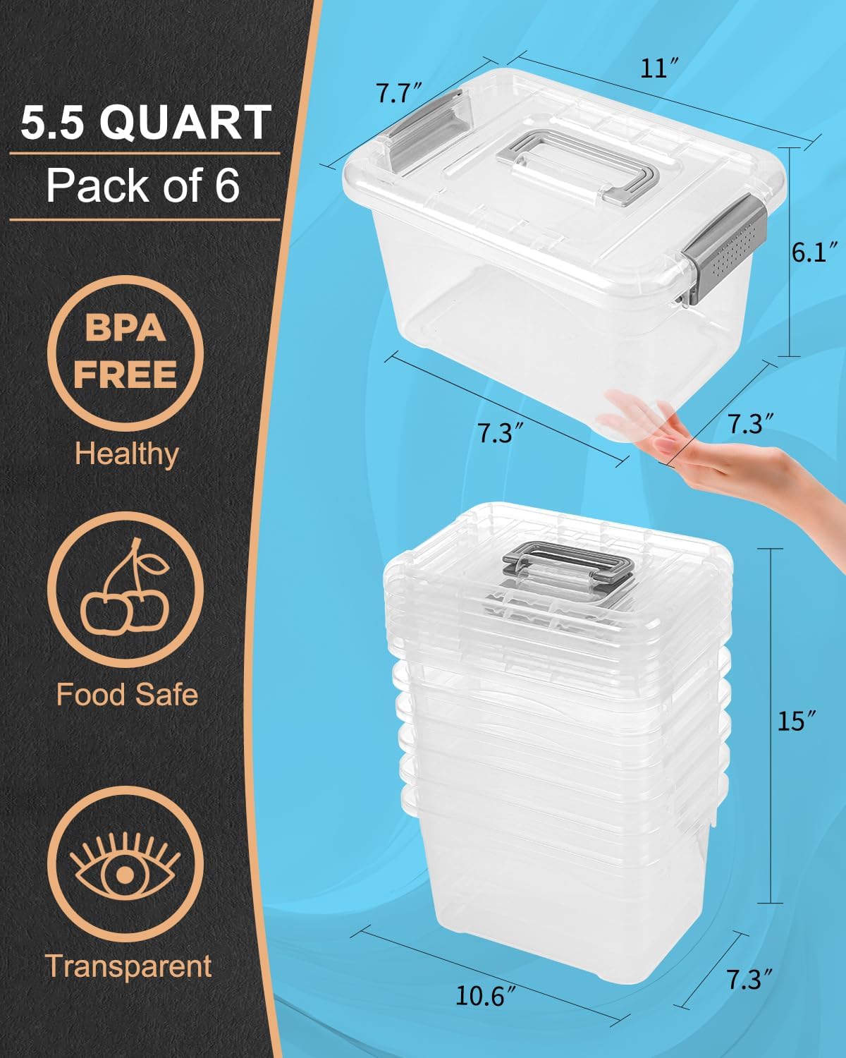 EOENVIVS Plastic Storage Bins with Lids 6 Packs, 7 Quart Storage Organizer Bins with Buckle-Up Latches and Handle, Stackable Storage Containers for Home Pantry Office Classroom Organization, Clear