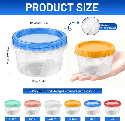 12 Pack Freezer Containers with Screw On Lids, 10oz Stackable Reusable Food Storage Container, Airtight Plastic Storage Containers with Twist Top Lids for Food Sauce Jello Soup