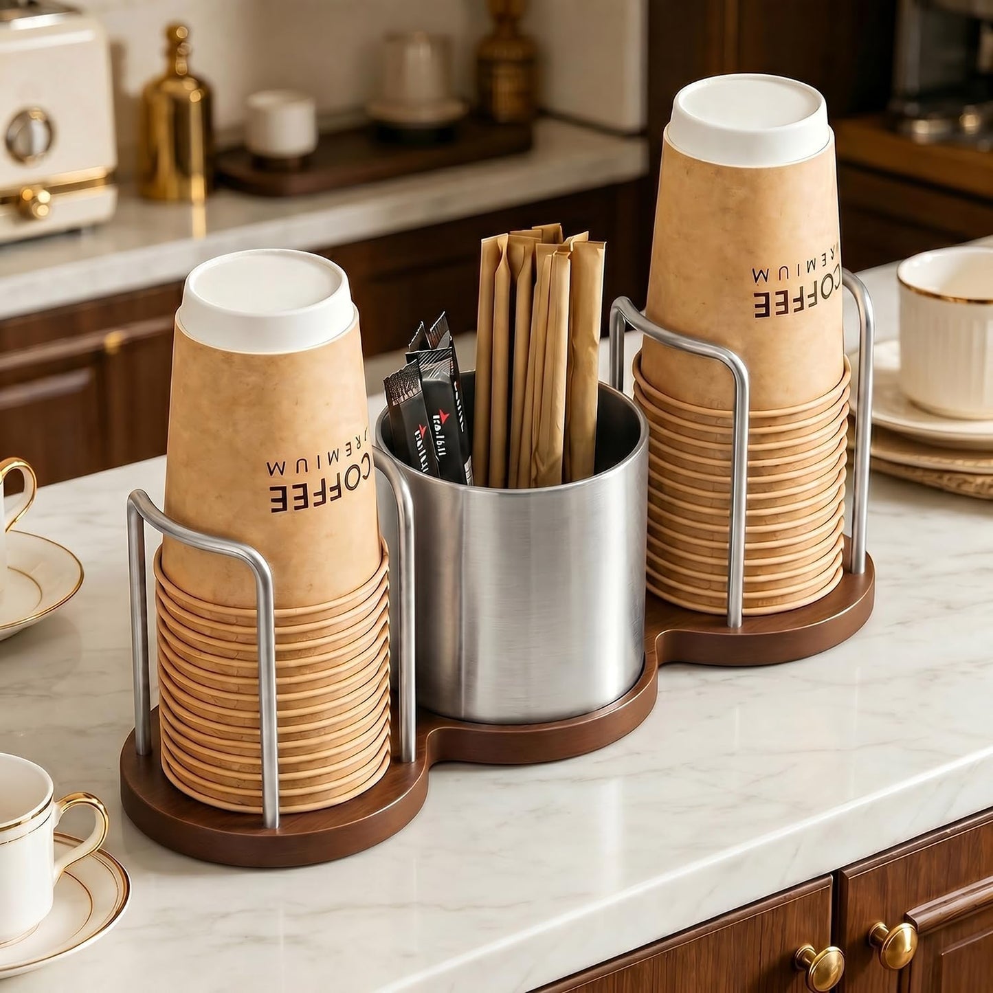 GOYLSER Coffee Station Organizer with Straw & Stirrer Storage Caddy for Cups Lids, Disposable Paper Cup Holder Cup Organizer for Coffee Bar, Office, Home Kitchen, Gold